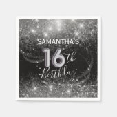 十六シルバーグリッターとブラック誕生日 スタンダードカクテルナプキン (正面)