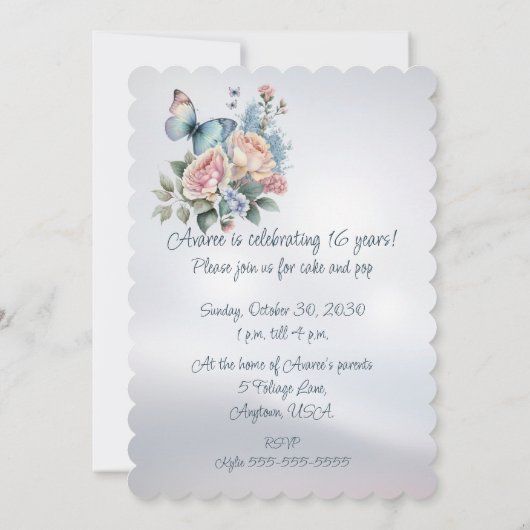 十六誕生日牡丹と蝶の招待状 (裏面)
