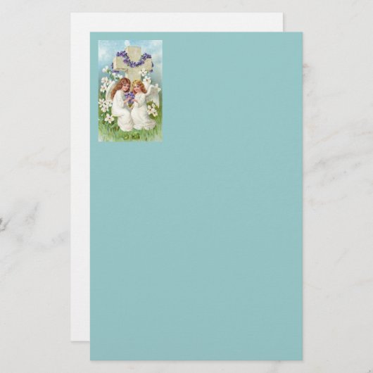 十字および花とのかわいい天使 便箋 (正面/裏面)