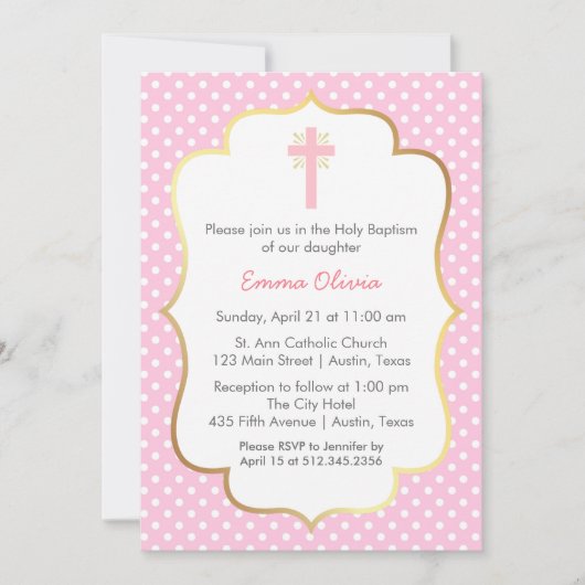 十字および金ゴールドのボーダーとのピンクの水玉模様の洗礼 招待状 (正面)