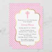 十字および金ゴールドのボーダーとのピンクの水玉模様の洗礼 招待状 (正面/裏面)