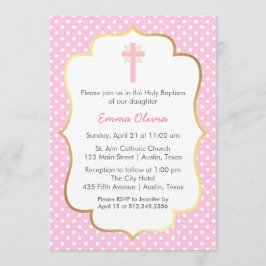 十字および金ゴールドのボーダーとのピンクの水玉模様の洗礼 招待状