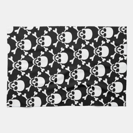 十字が付いているスカルは黒い背景のスカルの骨を抜きます キッチンタオル (横)