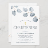 十字と洗礼を施すユーカリのシンプル| 招待状 (正面/裏面)