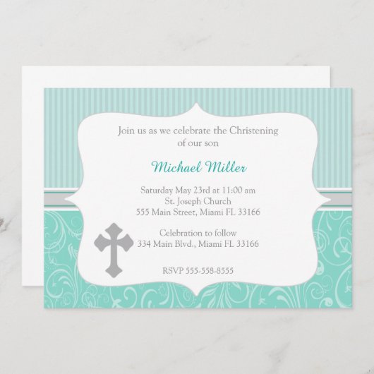 十字のターコイズの《キリスト教》洗礼式や命名式の招待状 招待状 (正面/裏面)