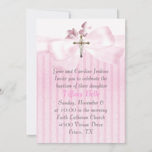 十字の女の子の洗礼の招待状とのピンク 招待状 (正面)