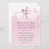 十字の女の子の洗礼の招待状とのピンク 招待状 (正面/裏面)
