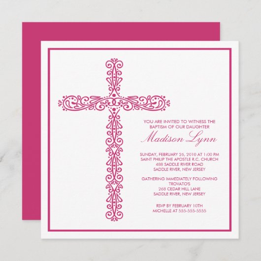 十字の洗礼の《キリスト教》洗礼式や命名式の女の子の洗礼Inviation 招待状 (正面/裏面)