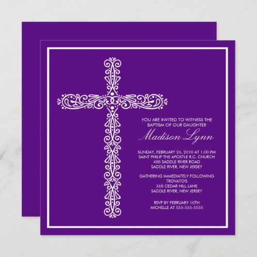 十字の洗礼の《キリスト教》洗礼式や命名式の女の子の洗礼Inviation 招待状 (正面/裏面)