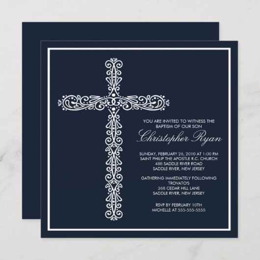 十字の洗礼の《キリスト教》洗礼式や命名式の男の子の洗礼Inviation 招待状 (正面/裏面)