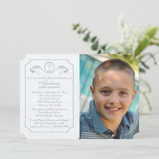 十字の焦点の青い写真の宗教招待状 招待状 (スタンド正面)