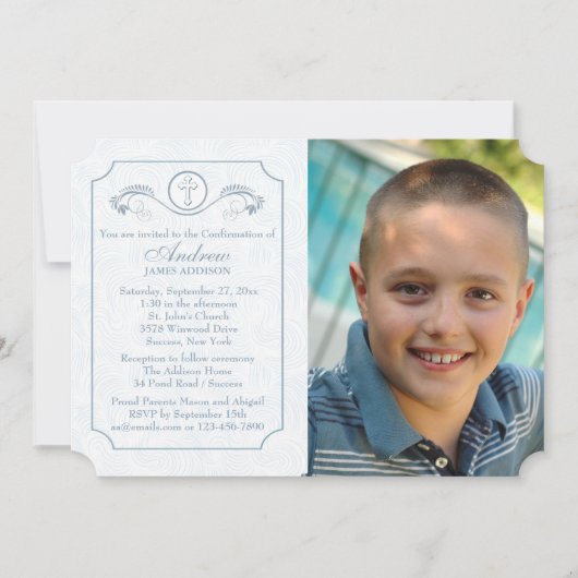 十字の焦点の青い写真の宗教招待状 招待状 (正面)