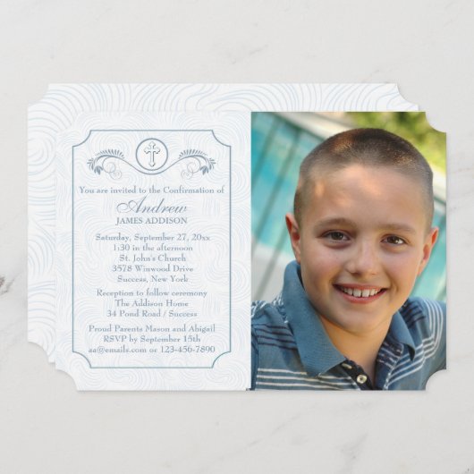 十字の焦点の青い写真の宗教招待状 招待状 (正面/裏面)