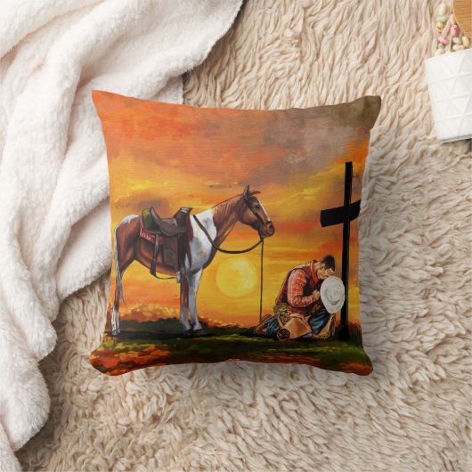 十字の祈るクリスチャンのジョンの3:16のカウボーイ クッション (ブランケット)