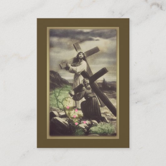 十字の神聖なカードを運んでいるイエス・キリストおよび若い女の子 名刺 (正面)