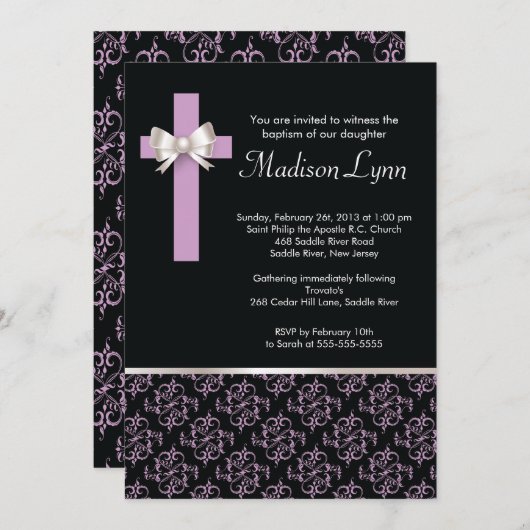 十字エレガントダマスク洗礼|《キリスト教》洗礼式や命名式 招待状 (正面/裏面)