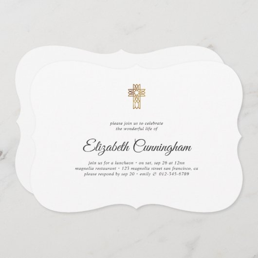 十字モダン金ゴールドの追フェイク悼式 招待状 (正面/裏面)