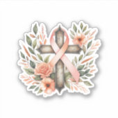 十字付き子宮がんピーチリボン シール (正面)