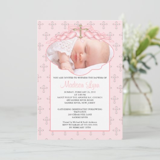 十字及びハートの写真の洗礼Inviation 招待状 (スタンド正面)