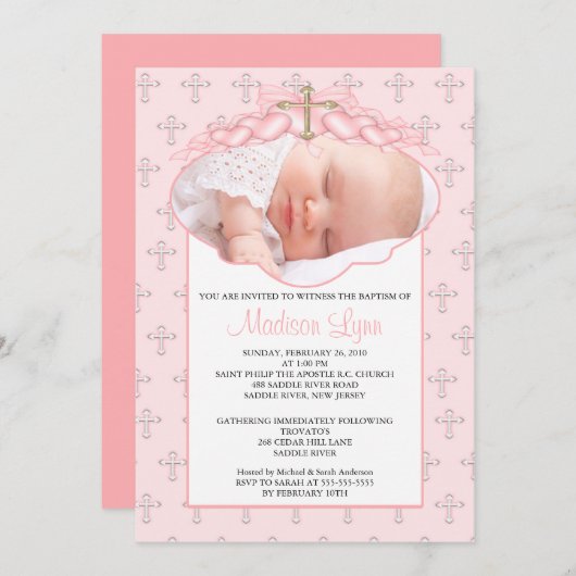 十字及びハートの写真の洗礼Inviation 招待状 (正面/裏面)