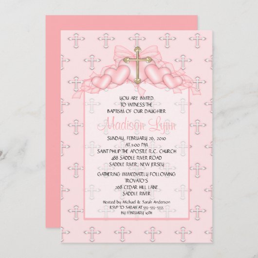 十字及びハートの女の赤ちゃんの洗礼Inviation 招待状 (正面/裏面)