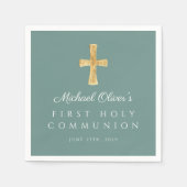 十字宗教少年グリーン最初の聖餐式 スタンダードカクテルナプキン (正面)