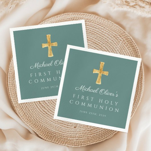 十字宗教少年グリーン最初の聖餐式 スタンダードカクテルナプキン