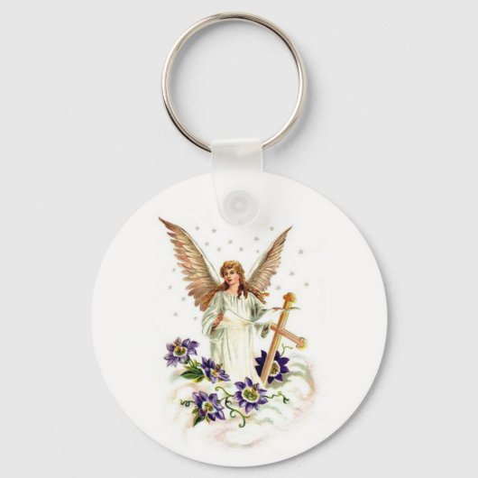 十字形とクレマティスの花を持つ天使 キーホルダー (正面)