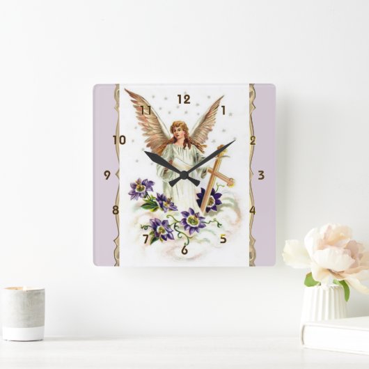 十字形とクレマティスの花を持つ天使 スクエア壁時計 (ホーム)
