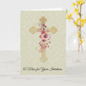 十字形のピンクの花を供えるカトリックのミステリー カード (黄色い花)