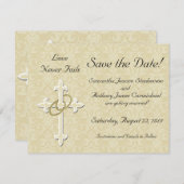 十字架とゴールドの輪 結婚式の招待状（Save the Date）カード セーブザデート (正面/裏面)