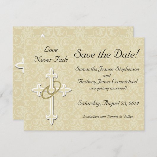 十字架とゴールドの輪 結婚式の招待状(Save the Date)カード セーブザデート (正面/裏面)