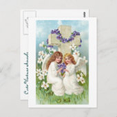 十字架と花の付いたかわいい天使 ポストカード (正面/裏面)