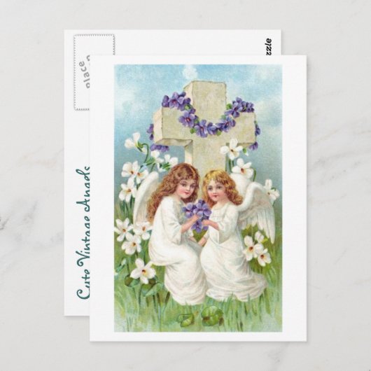 十字架と花の付いたかわいい天使 ポストカード (正面/裏面)