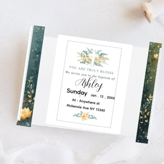 十字架と花の洗礼カード インビテーションポストカード
