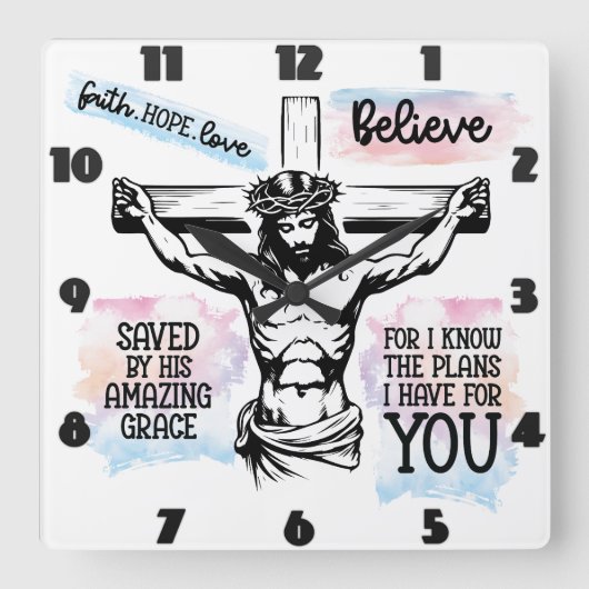 十字架につけられたイエス スクエア壁時計 (正面)