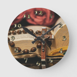 十字架にイエスを乗せた木製の数珠 ラウンド壁時計