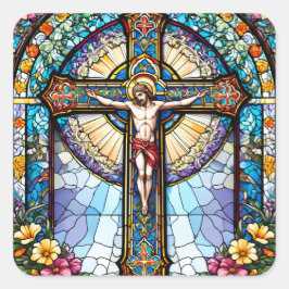 十字架に花が咲くステンドグラス・イエス スクエアシール