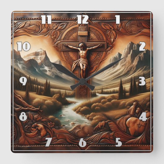 十字架のイエス様に囲まれた夕日の自然 スクエア壁時計 (正面)
