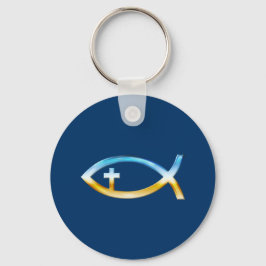 十字架の付いたクリスチャンの魚のシンボル – 空と地面 キーホルダー