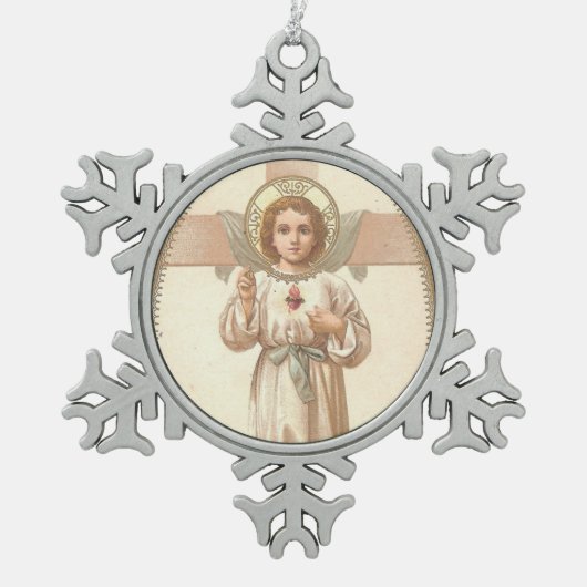 十字架の子イエスの聖なるハート スノーフレークピューターオーナメント (正面)