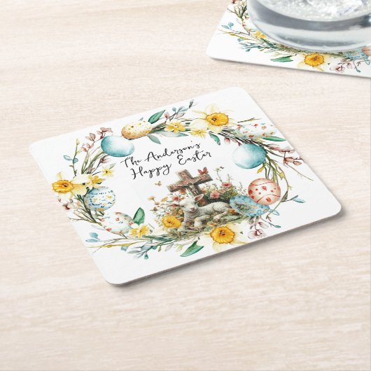 十字架の子羊I卵とフローラ復活祭 スクエアペーパーコースター (アングル)