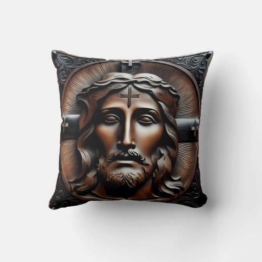 十字架の背景を持つイエスの彫刻レリーフ、 浮き彫り クッション (裏面)