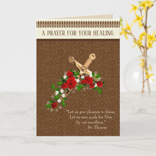 十字架の赤いバラSt.Thereseヒーリング祈りの言葉 カード (黄色い花)