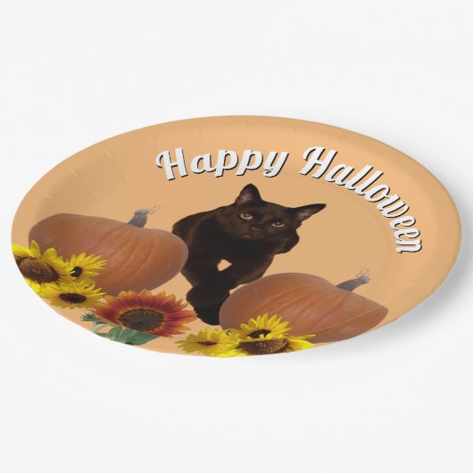 十字架を付けたカボチャの黒猫ハロウィン ペーパープレート (アングル)