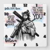 十字架を持つイエス・キリスト スクエア壁時計 (正面)