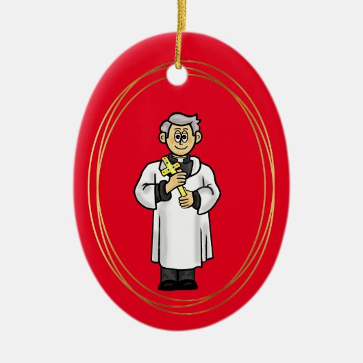 十字架を持つ神父のクリスマスオーナメント セラミックオーナメント (正面)