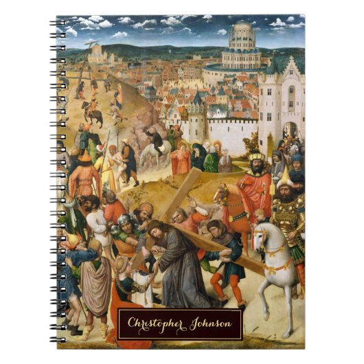 十字架を背負うキリストヴィンテージアート金ゴールドモノグラム ノートブック (正面)