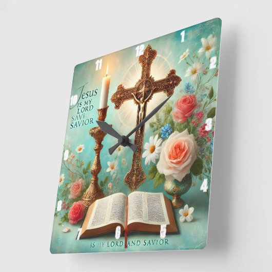 十字架キャンドルライト聖書フローライエス スクエア壁時計 (傾斜)