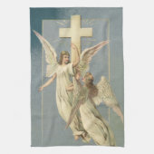 十字架ビクトリアン付き天使、ヴィンテージイースター キッチンタオル (縦)